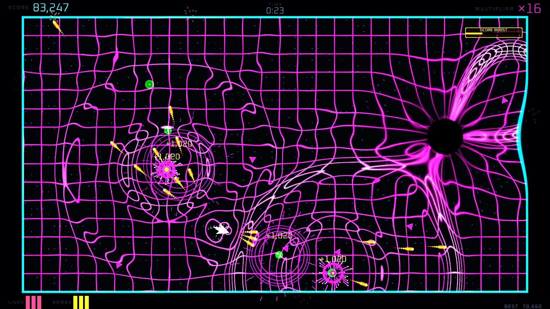 A gravity well warps the neon grid as the player fights around it