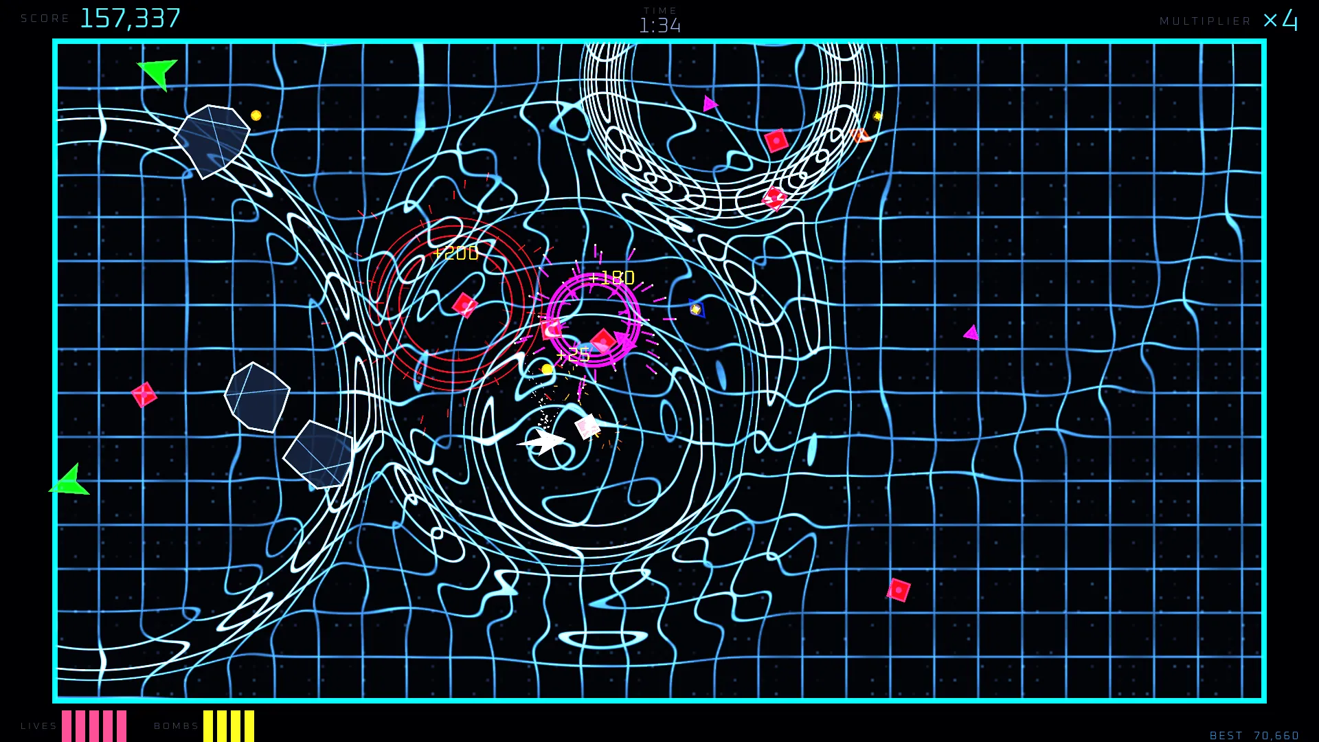 The neon grid buckles into craters and ridges around drifting debris, warping under the mass on the floor