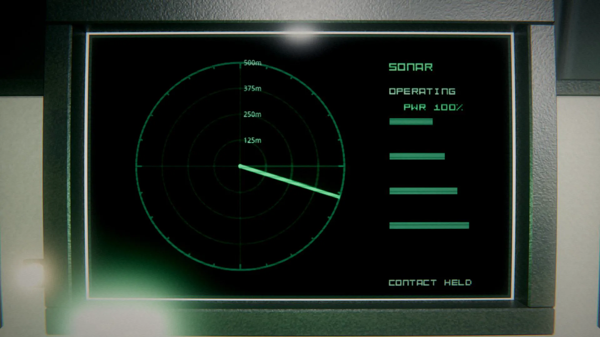A sonar display showing a sweep line, bearing 228, range 444 metres, and the words CONTACT HELD