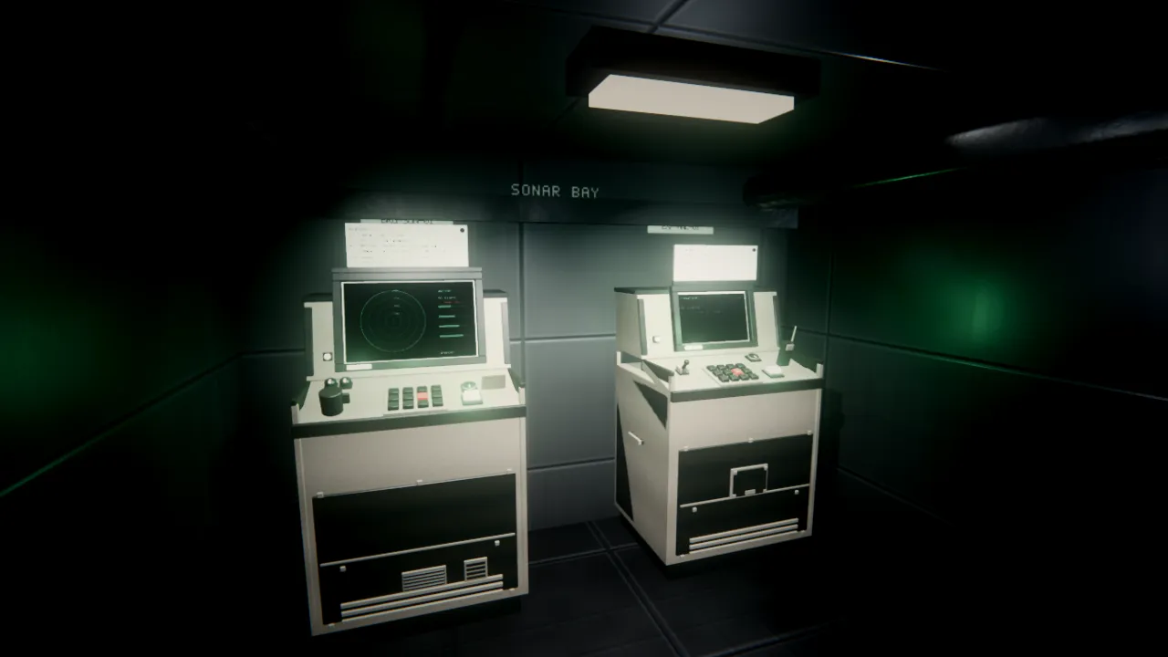Two sonar stations side by side in a narrow compartment marked SONAR BAY