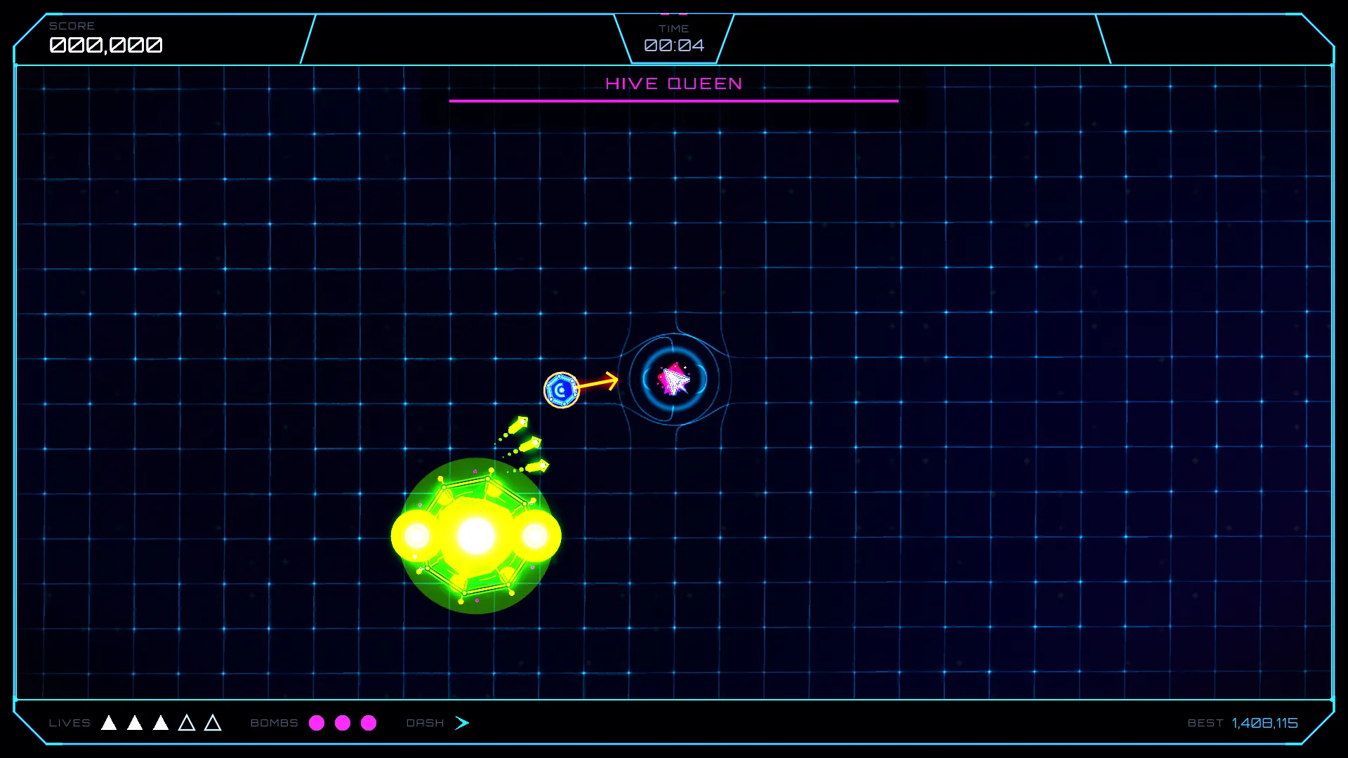 The HIVE QUEEN boss, a green brood-core with glowing egg-pods, spitting a stream of small yellow brood toward the player ship